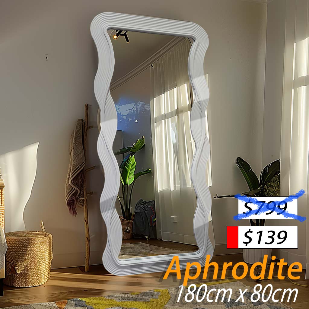 A white Wavy Shaped Frame Full Length Floor Mirror, 180cm x 80cm