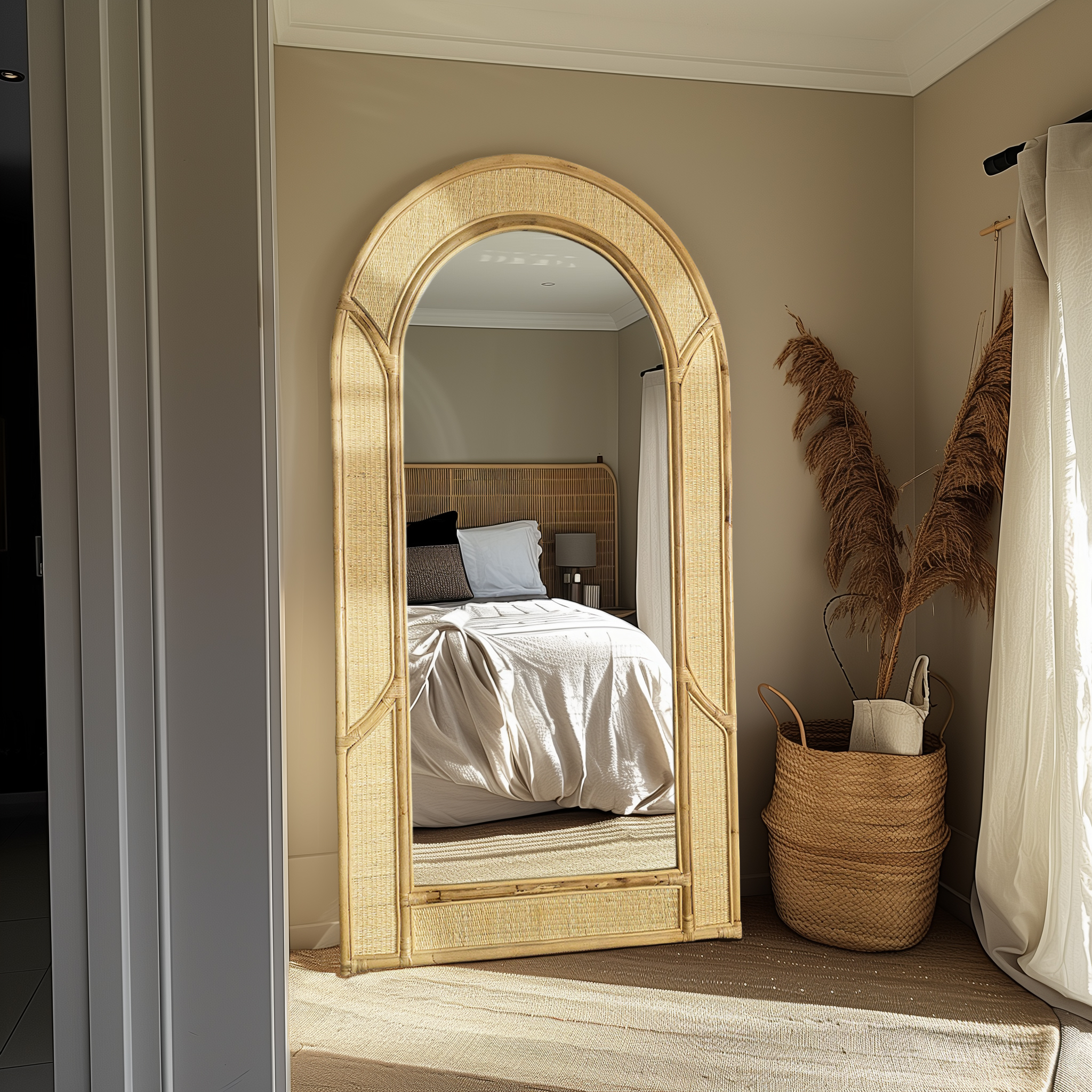 Artemis - Large Wide Arched Rattan Framed full Length Floor Mirror -180cm x 100cm. Sold by Mirror Geelong @ClearanceBuzz