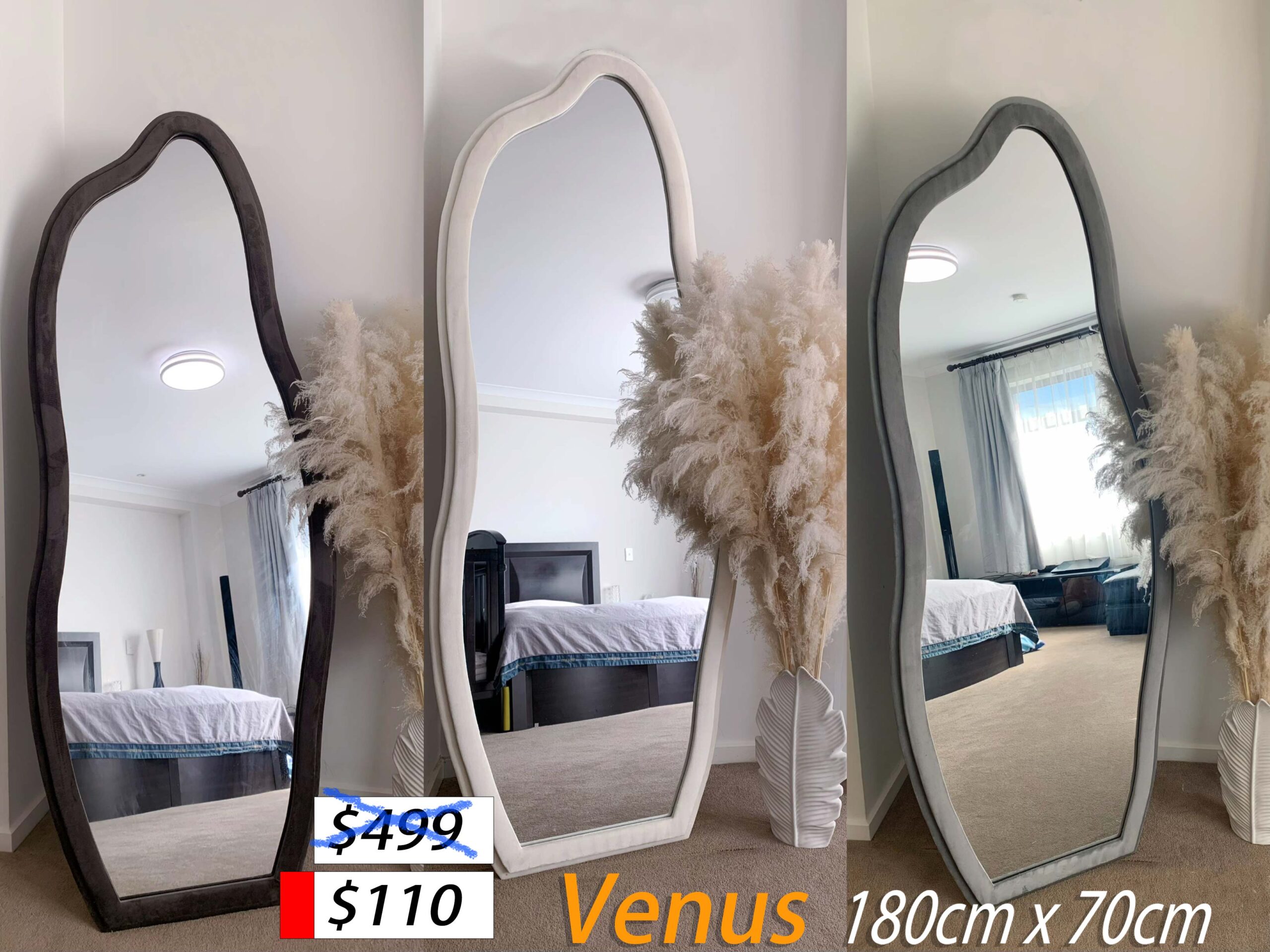 Wavy art Full Length Floor Mirror with Flannel Wrapped Wooden Frame, 180cm x 70cm