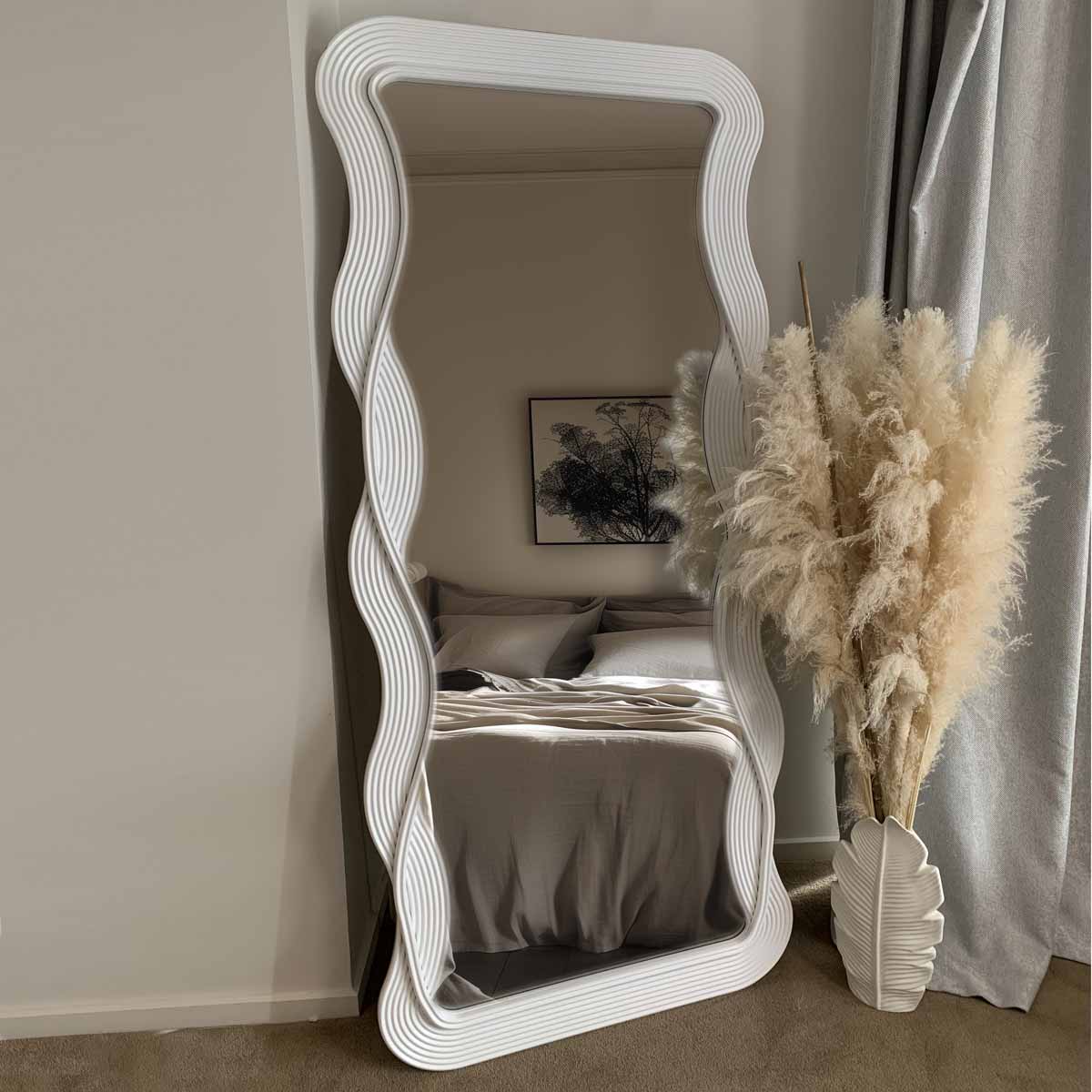 Aphrodite, Full Length floor mirror, 180cm x 80cm, sold by Geelong Mirror@ClearanceBuzz A white wavy shaped frame mirror with an overall length of 1.8 meters and height 0.8 meter wide, which can be used for wall hanging or floor standing in the living room, bed room or bath room. The shape have clear curves on both sides to highlight its unique design style sold by Geelong Mirror@ClearanceBuzz