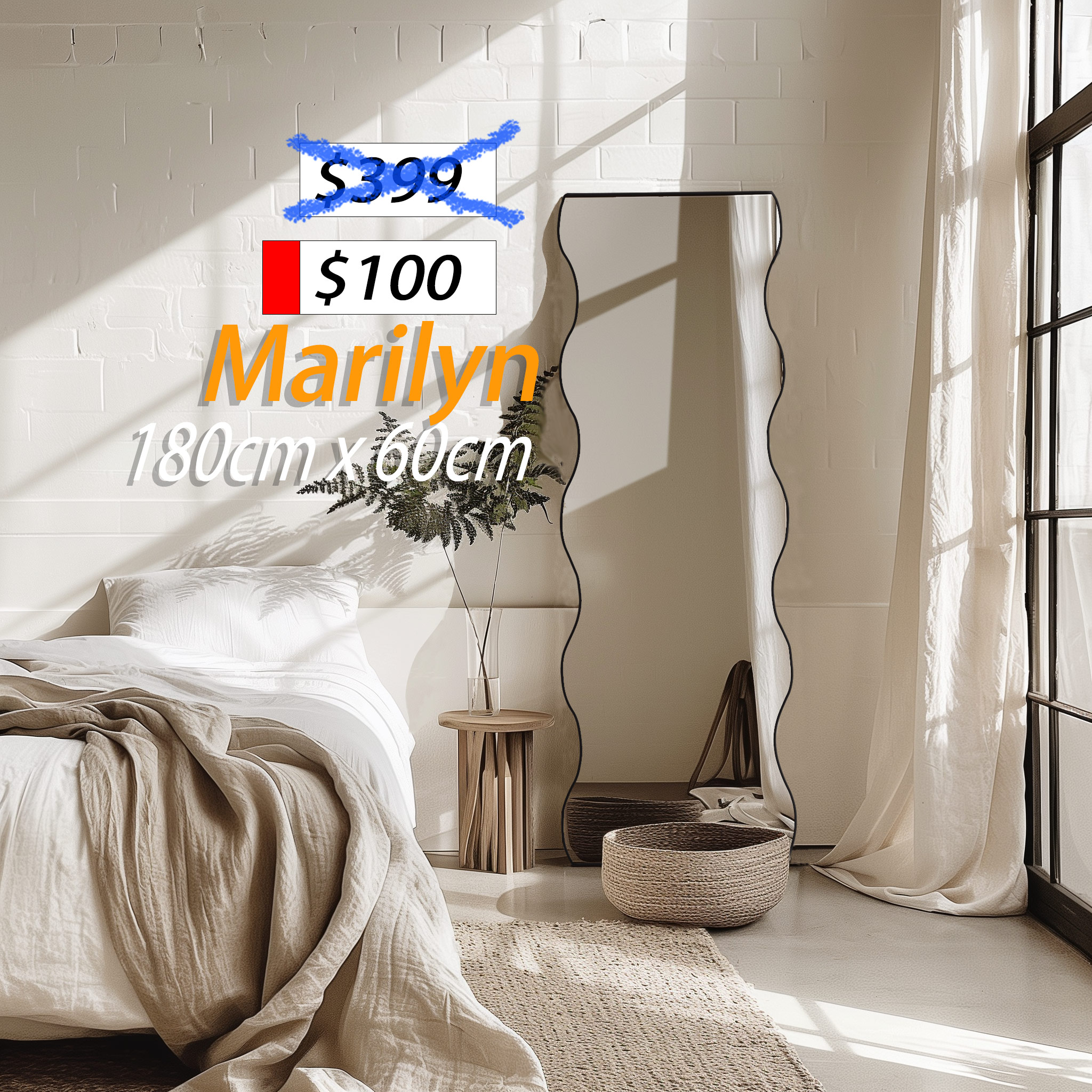 A Wavy Shaped Slim Black Frame Full Length Floor Mirror, 180cm x 60cm